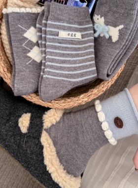 灰色条纹羊毛袜子女秋冬季加绒加厚保暖堆堆袜布标中筒袜ins潮
