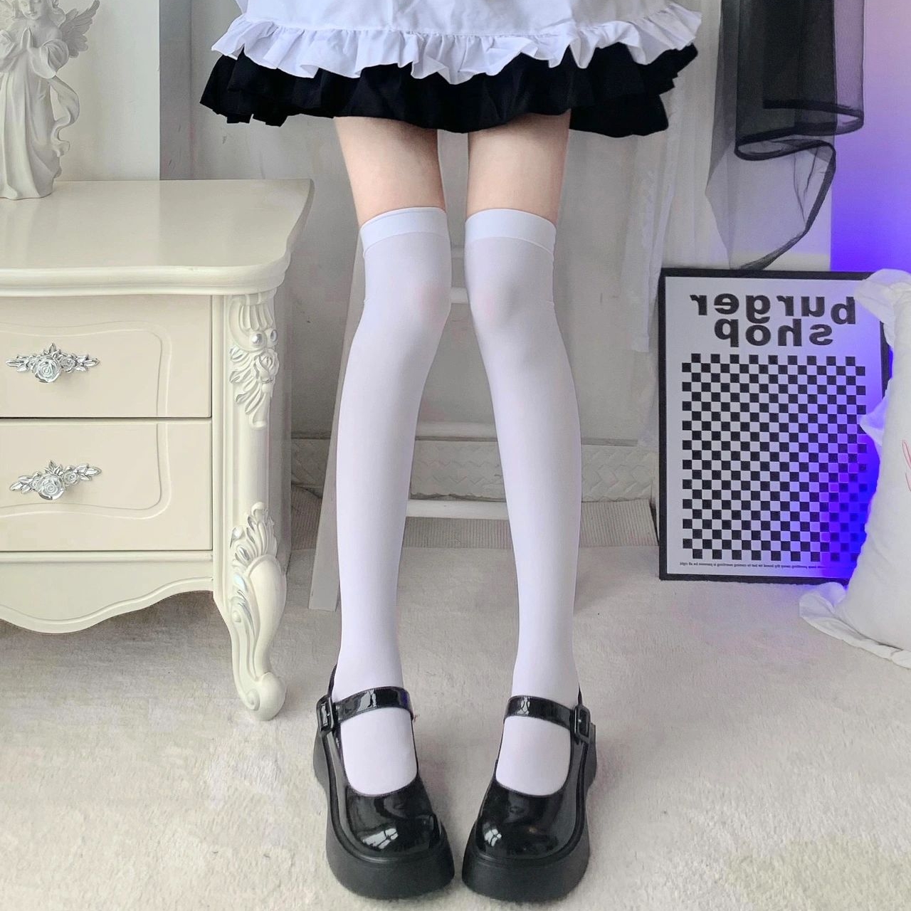 白色过膝袜夏薄款天鹅绒袜子女春白丝袜黑色长筒袜大腿高筒jk丝袜