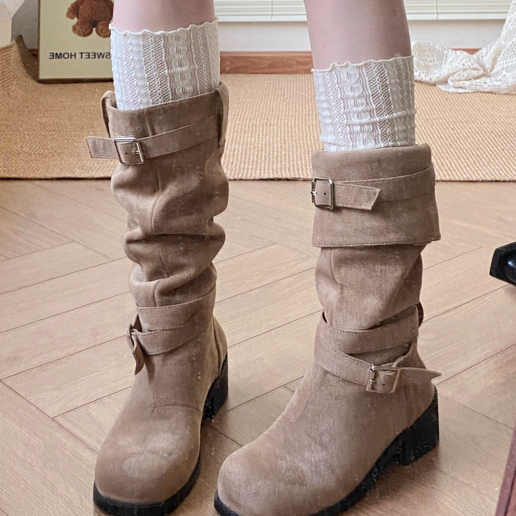 白色蕾丝长筒靴袜套袜子女秋冬