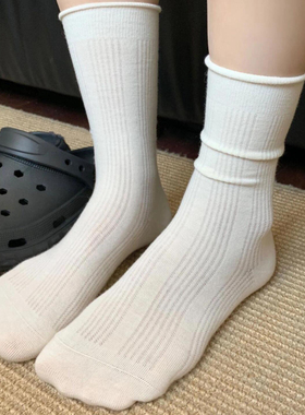 白色袜子女中筒春夏季薄款芭蕾风纯棉堆堆袜miu系灰色镂空长筒袜