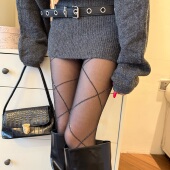 黑色丝袜女银丝交叉菱形格连袜裤 秋冬季 超薄0d防勾丝显瘦美腿灰丝