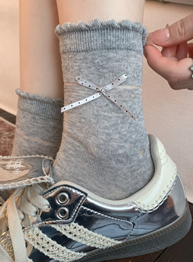 miu系灰色圆点袜子女中筒袜夏季薄蝴蝶结波点少女芭蕾风长堆堆袜