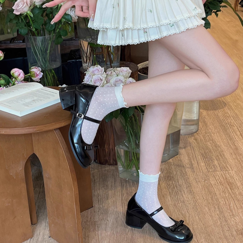 白色蕾丝圆点袜子女夏季芭蕾风中筒薄款玛丽珍jk日系水晶丝堆堆袜