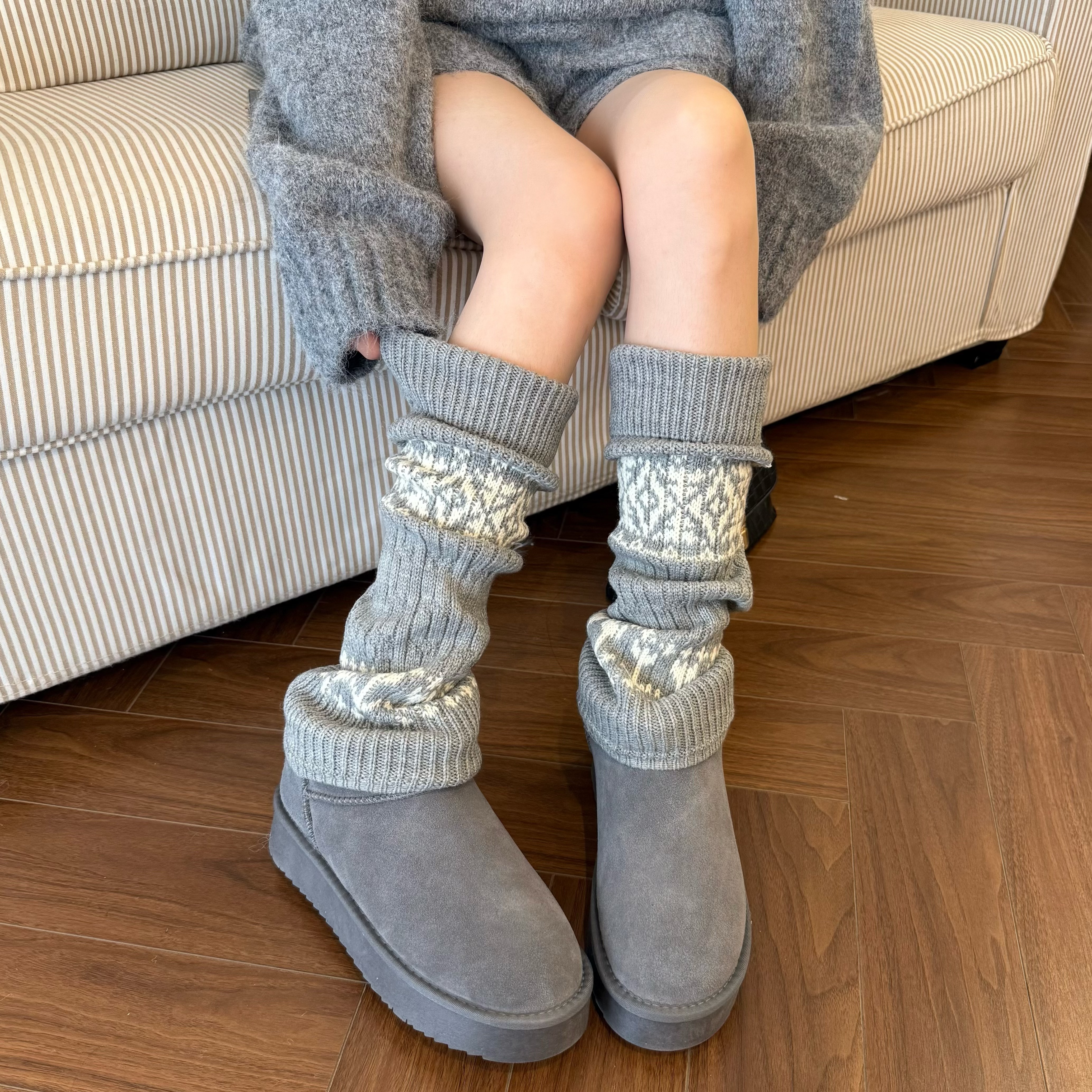 灰色费尔岛针织堆堆袜套秋冬加厚