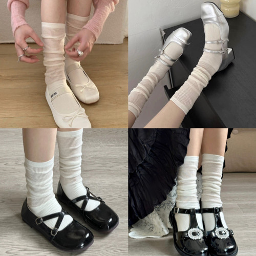 白色半透小腿袜子女夏季堆堆袜