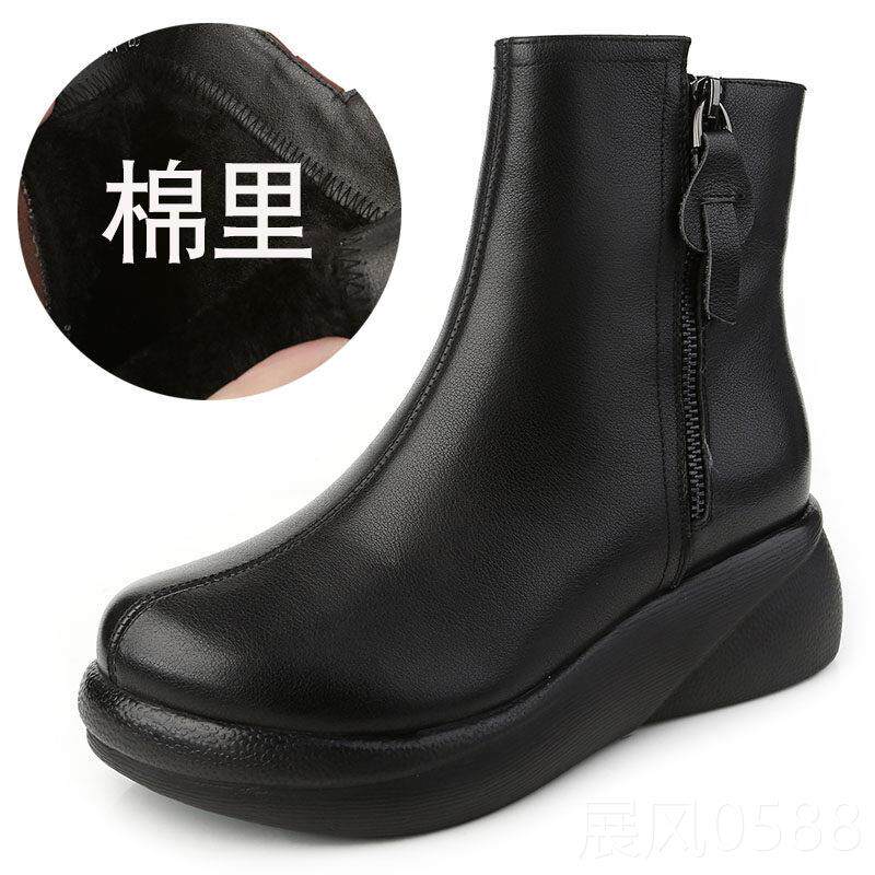 高档真皮女靴妈季妈冬短靴厚底软底休闲中年女士皮靴棉加绒鞋羊毛