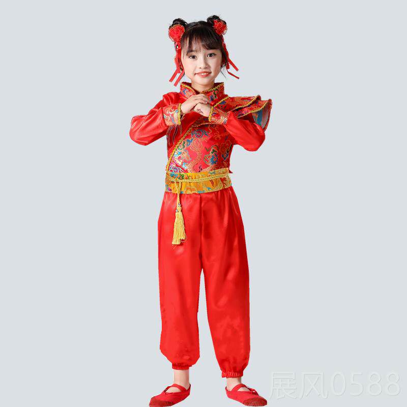 高档六一儿童喜庆国风打鼓开 门民族服中舞蹈服男女童腰红鼓秧歌