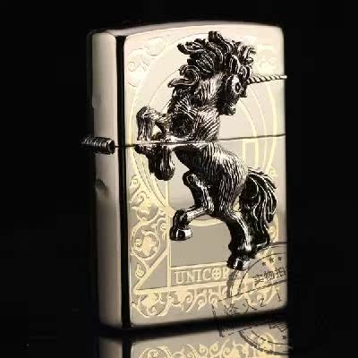 正品芝寶Zippo防風打火機韓版神獸雙面刻花獨角獸 金色黑冰生肖馬
