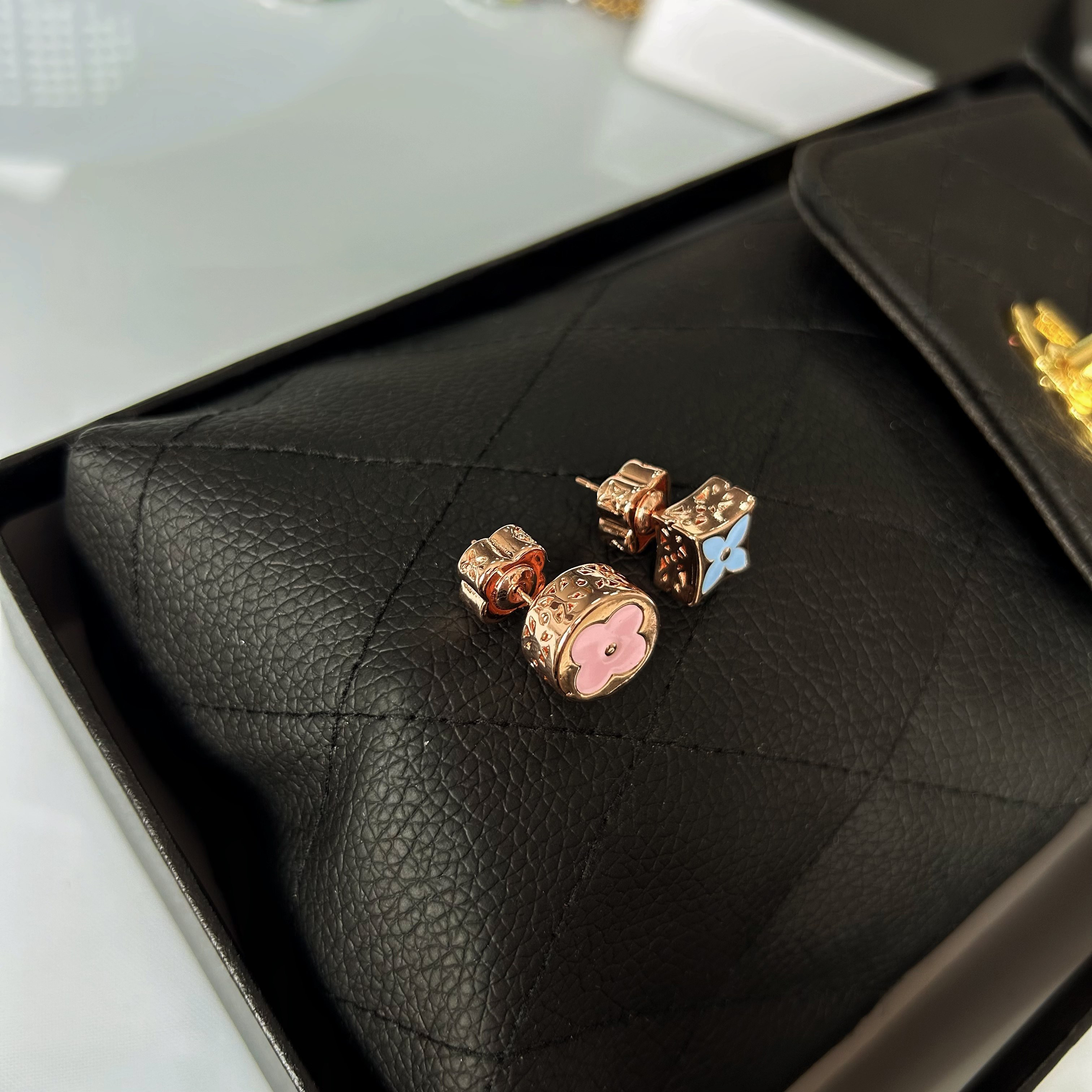 巴黎【设计师】玫瑰金滴釉老花不对称AB版高级感气质耳饰轻奢时尚