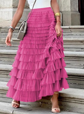 Solid color high waisted pleated skirt女士纯色高腰褶皱半身裙