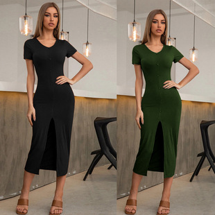 Skirt Slit Slim Dress连衣裙 Pullover Commuter Button 2022