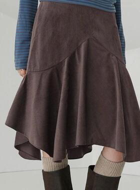 Retro brown layered American midi skirt复古棕色叠穿半身裙