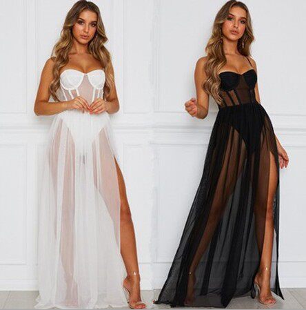 2022 Western clothing white mesh underwear long skirt women图片