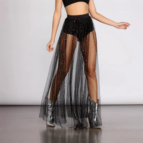 Solid color sequin wrapped hip skirt纯色亮片高腰包臀半身裙女