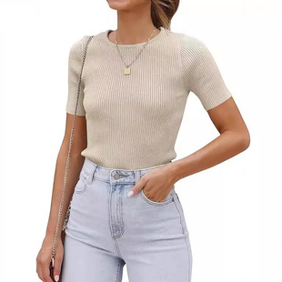 neck round color 上衣 sleeved top女士纯色圆领短袖 short Solid
