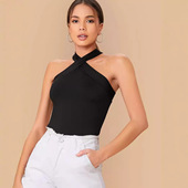 top女士纯色挂脖领无袖 Solid 上衣 neck sleeveless color halter