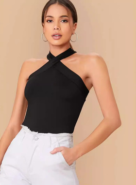 Solid color halter neck sleeveless top女士纯色挂脖领无袖上衣