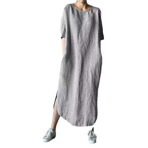 Solid color round neck mid sleeve dress 纯色圆领中袖连衣裙女