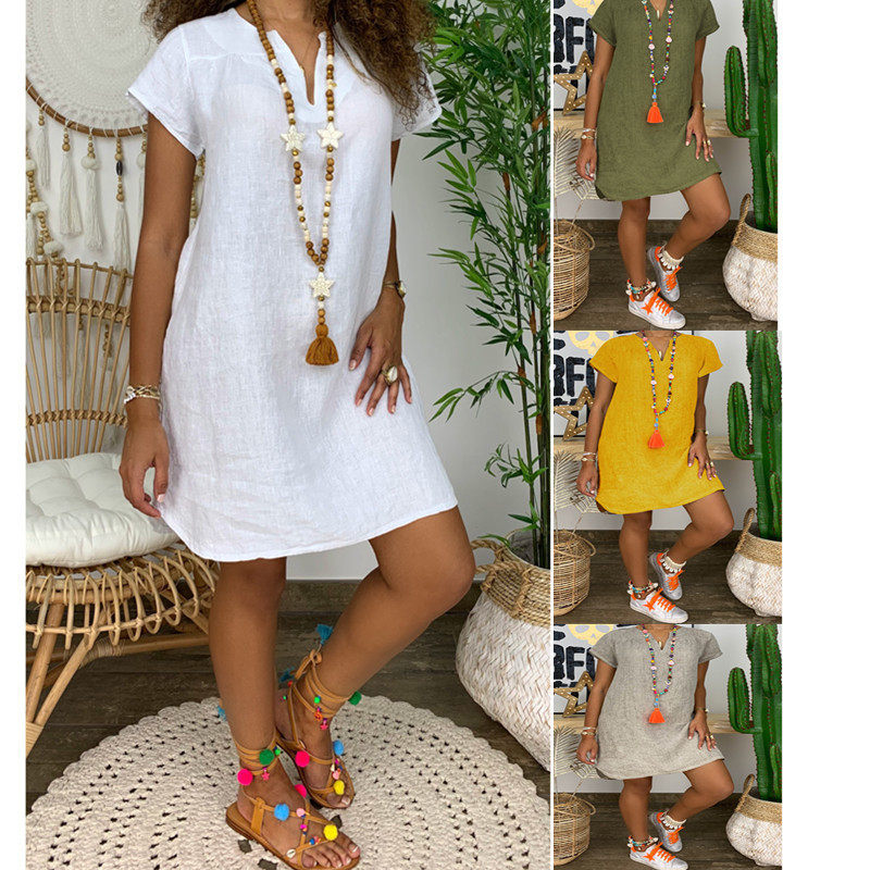 V-neck cotton and linen summer Dresses Casual Robe图片