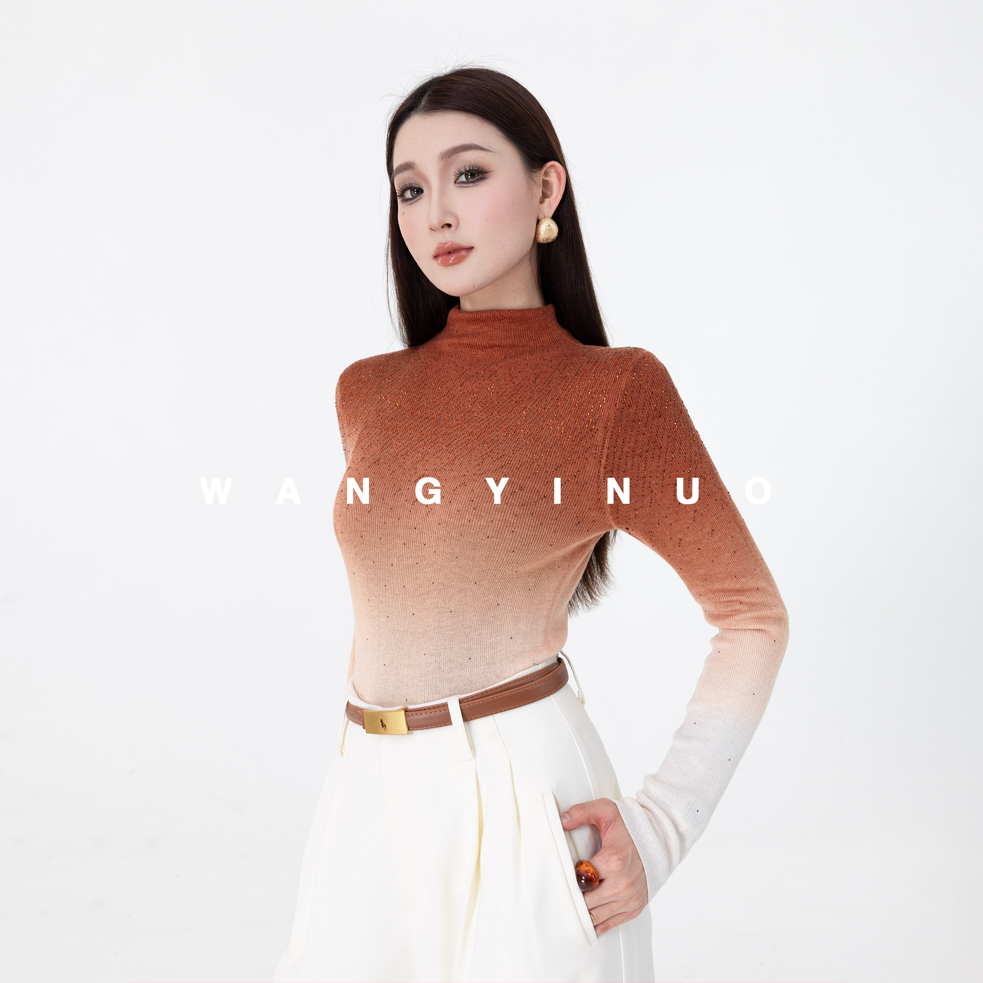 MD依诺烫钻闪闪高领针织衫女款秋冬季法式洋气高级感长袖打底上衣