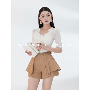 法式 MD依诺 款 2026夏季 设计感优雅风显瘦蕾丝拼接T恤 绣影翩翩