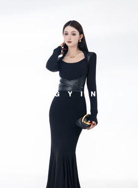 MD依诺【赫本舞会】2025冬季时尚显瘦修身轻奢拼接磨毛长袖连衣裙