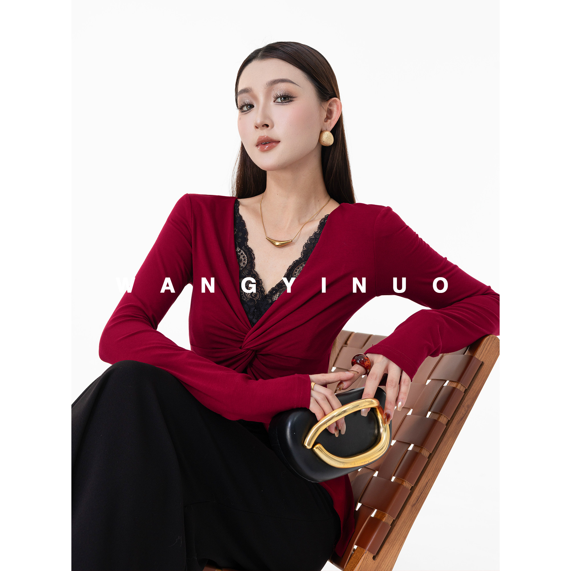 MD依诺原创设计感拼接叠穿假两件针织衫上衣长袖扭结蕾丝显瘦打底