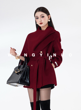 MD依诺【圣诞宾果】2025冬季款休闲时尚系带保暖气质长袖羊毛外套