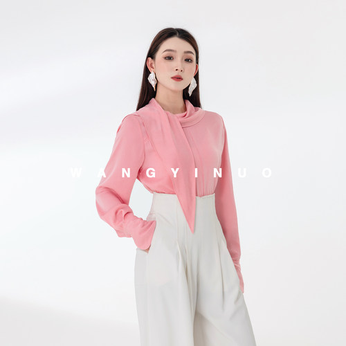 MD依诺【冰雾沁粉】2026新款设计感飘带时尚百搭长袖衬衫上衣气质