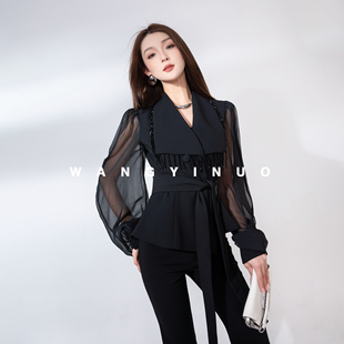 款 2025秋季 设计感时尚 修身 上衣 MD依诺 拼接别致长袖 富家千金