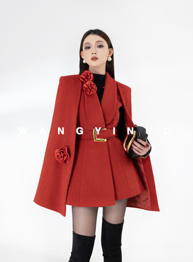 MD依诺【茶歇玫瑰】2025冬季显瘦时尚女神设计师名媛斗篷毛呢外套