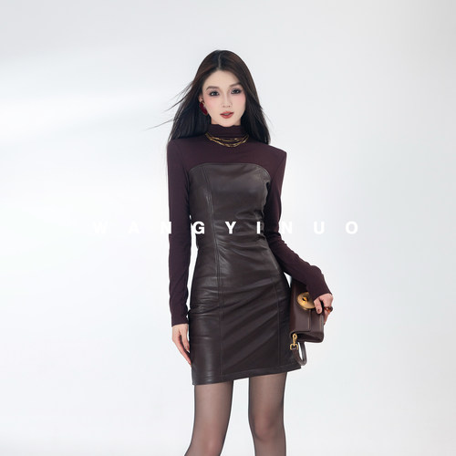 MD依诺【艺术灵光】2025气质长袖时尚休闲百搭打底修身拼接连衣裙