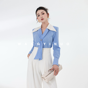 冰蓝幻想 衬衫 2026春季 长袖 上衣 撞色拼接条纹设计感法式 MD依诺