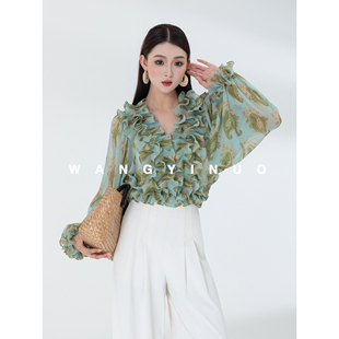 法式 2026夏季 时尚 百搭荷叶边印花衬衫 上衣 MD依诺 长袖 花开盛夏