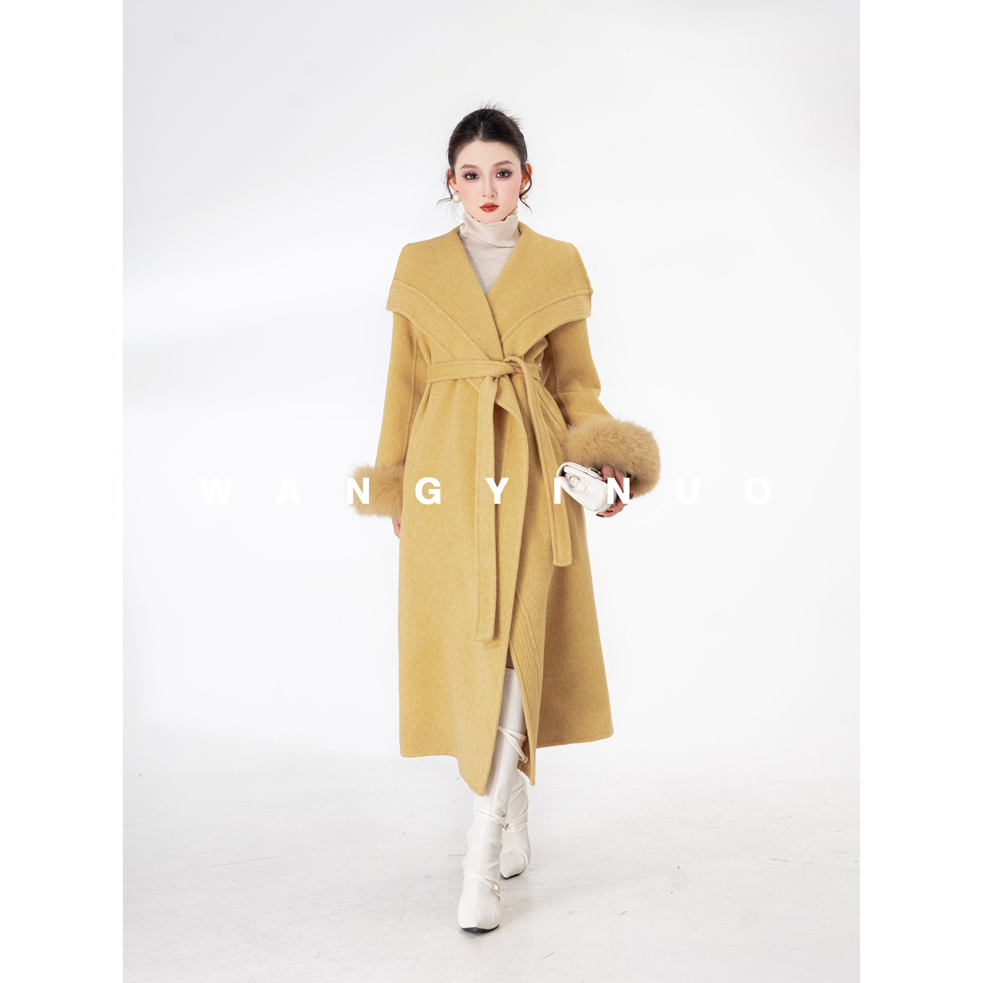 MD依诺【风度翩翩】2025冬季款休闲时尚百搭系带显瘦羊毛大衣外套