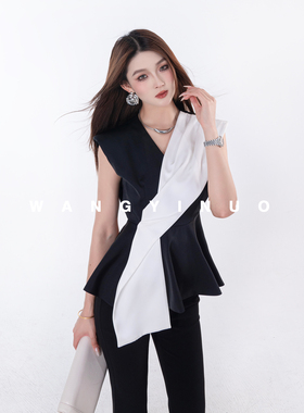 MD依诺【伦敦街区】2025夏季款显瘦百搭时尚气质法式拼接黑色上衣