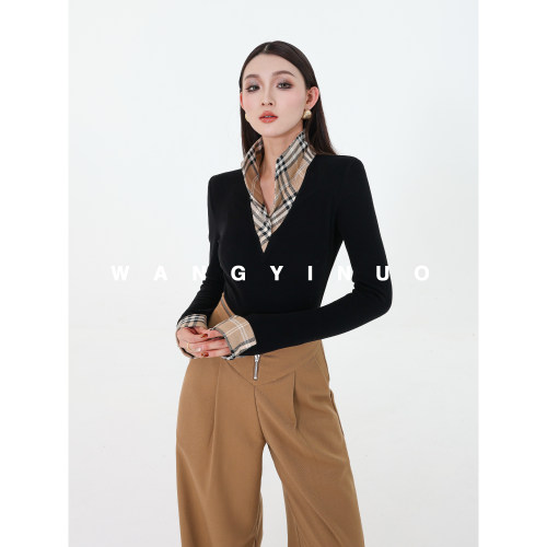 MD依诺复古棕色polo格纹翻领上衣女款秋季个子气质时尚显瘦打底衫