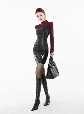 MD依诺【艺术灵光】2025冬款气质磨毛时尚拼接百搭打底修身连衣裙