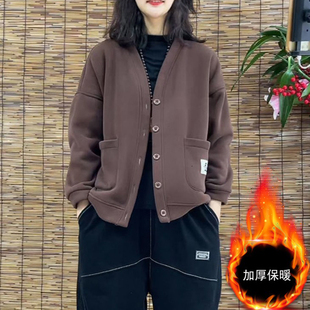 洋气女装春款加绒卫衣外套2026新款大码宽松妈妈装V领棉服开衫潮