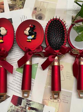 结婚梳子镜子一对米奇米妮红色礼盒套装米老鼠喜梳木新娘嫁妆陪嫁