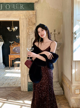 【现货5折清仓】Norain不下雨 法式丝绒V领鱼尾连衣裙