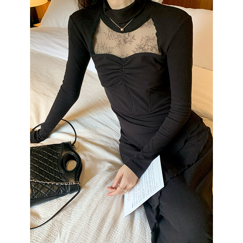 【现货5折清仓】Norain不下雨 黑色蕾丝高领鱼骨收腰连衣裙