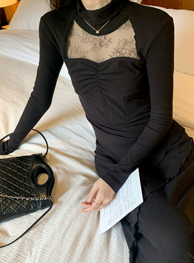 【现货5折清仓】Norain不下雨 黑色蕾丝高领鱼骨收腰连衣裙