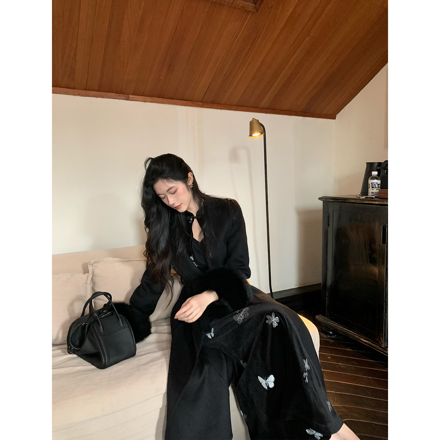 Norain不下雨 90澳毛黑色鱼尾收腰双面呢毛呢大衣