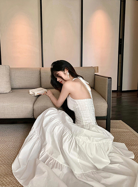 Norain不下雨 法式夏季气质白色挂脖绑带打揽大裙摆白a字裙连衣裙