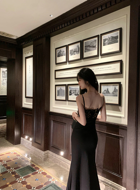 Norain不下雨黑色高级感蕾丝吊带连衣裙女早春新款宫廷风礼服长裙