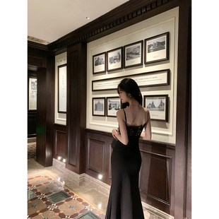 Norain不下雨 黑色高级感蕾丝鱼尾吊带裙女冬季收腰修身宴会礼服