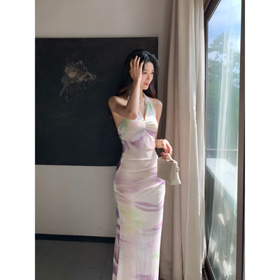 Norain不下雨夏季气质高级挂脖网纱印花包臀长裙吊带连衣裙裙子女