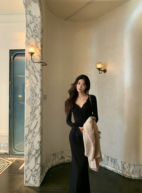 Norain不下雨 气质百搭蕾丝花边长袖鱼尾连衣裙女秋冬修身包臀裙