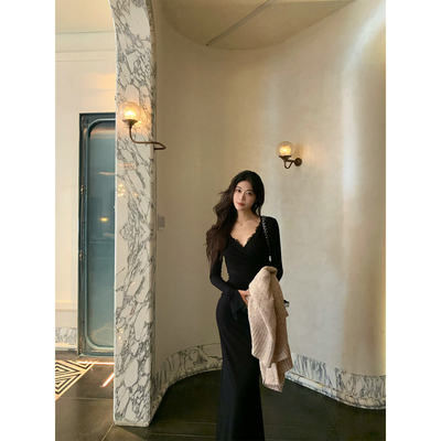 气质百搭蕾丝花边长袖鱼尾连衣裙